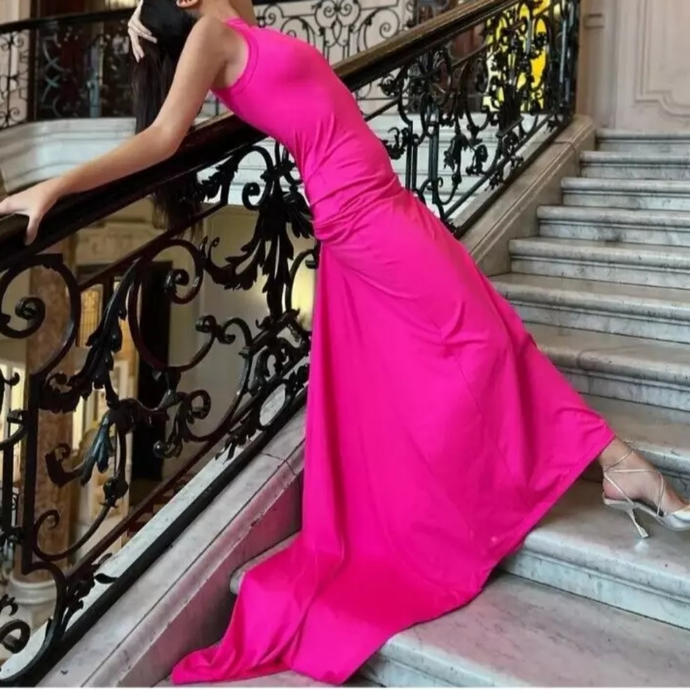 H&M studio runway Gusset panel dress  cerise/ pink sz M NWT Stained